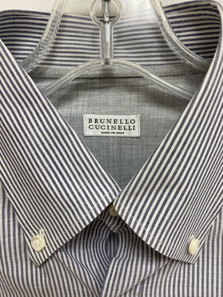 BRUNELLO CUCINELLI Size L White/Gray Stripes Button Up Men&