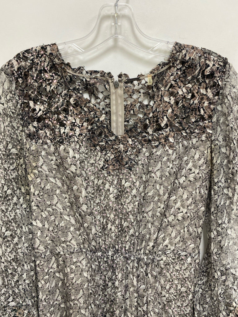 Elie Tahari Size XS Taupe Gray/Black Leaves Long Sleeve Silk Ladies Dress