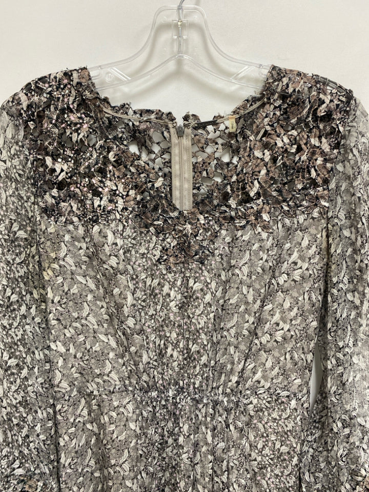 Elie Tahari Size XS Taupe Gray/Black Leaves Long Sleeve Silk Ladies Dress