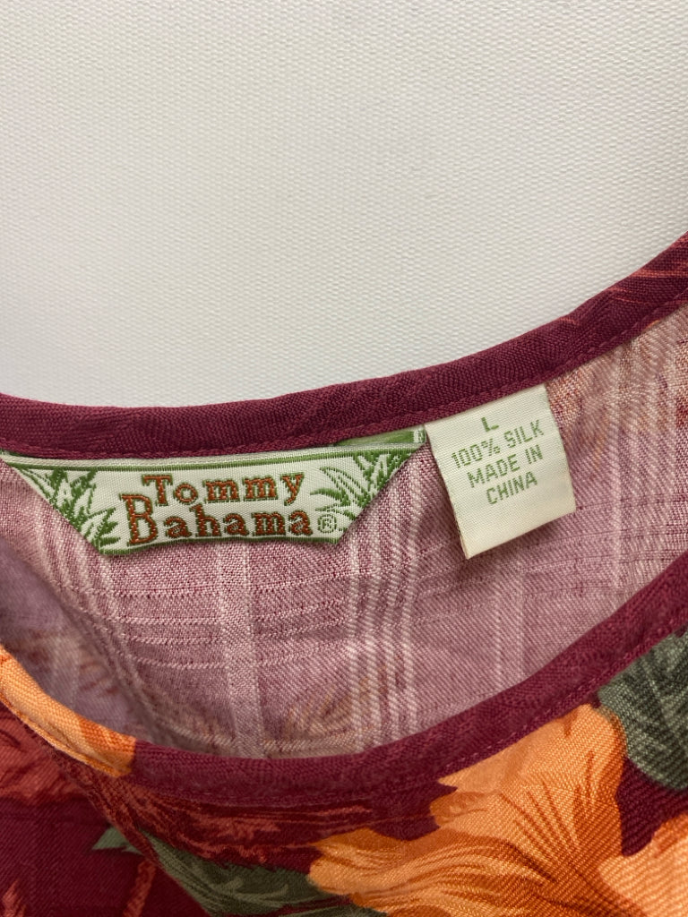 Tommy Bahama Size L Burgundy Peach/Green Flowers Sleeveless Silk Ladies Top