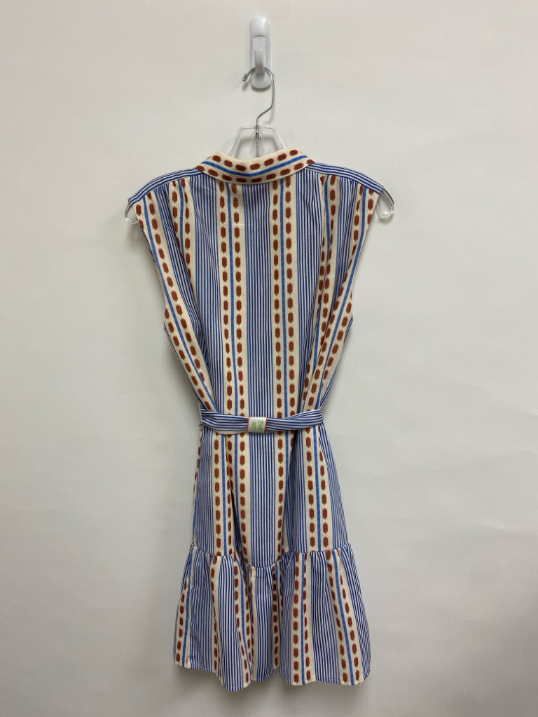 NWT Joy Joy Size S Cream/Brown Blue Dots/Stripes Sleeveless Ladies Dress