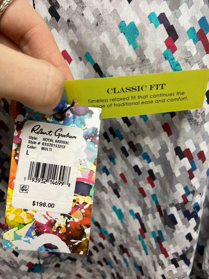 NWT Robert Graham Size L Gray Blue/Red Print Men&