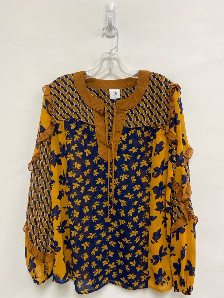 Cabi Size M Amber Navy/Tan Assorted Print Long Sleeve Sheer Ladies Top