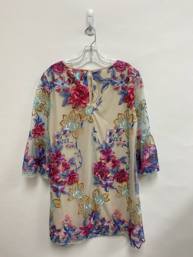 Eci Size 10 Beige Multi Color Embroidered Sheer Ladies Dress