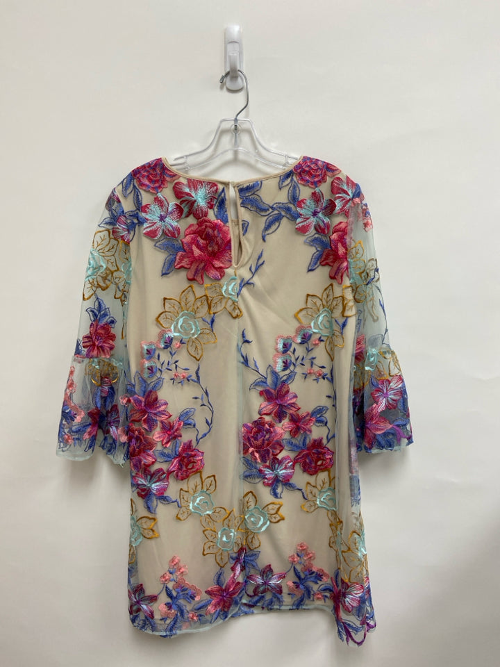 Eci Size 10 Beige Multi Color Embroidered Sheer Ladies Dress