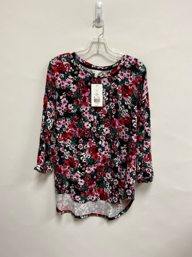 NWT Crown &amp; Ivy Size XL Black/Pink Green Flowers 3/4 Sleeve Ladies Top