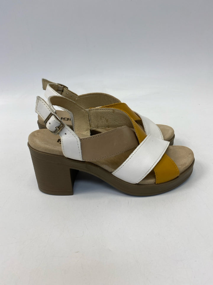 Size 35 White/Cream Mustard Crisscross Sandals