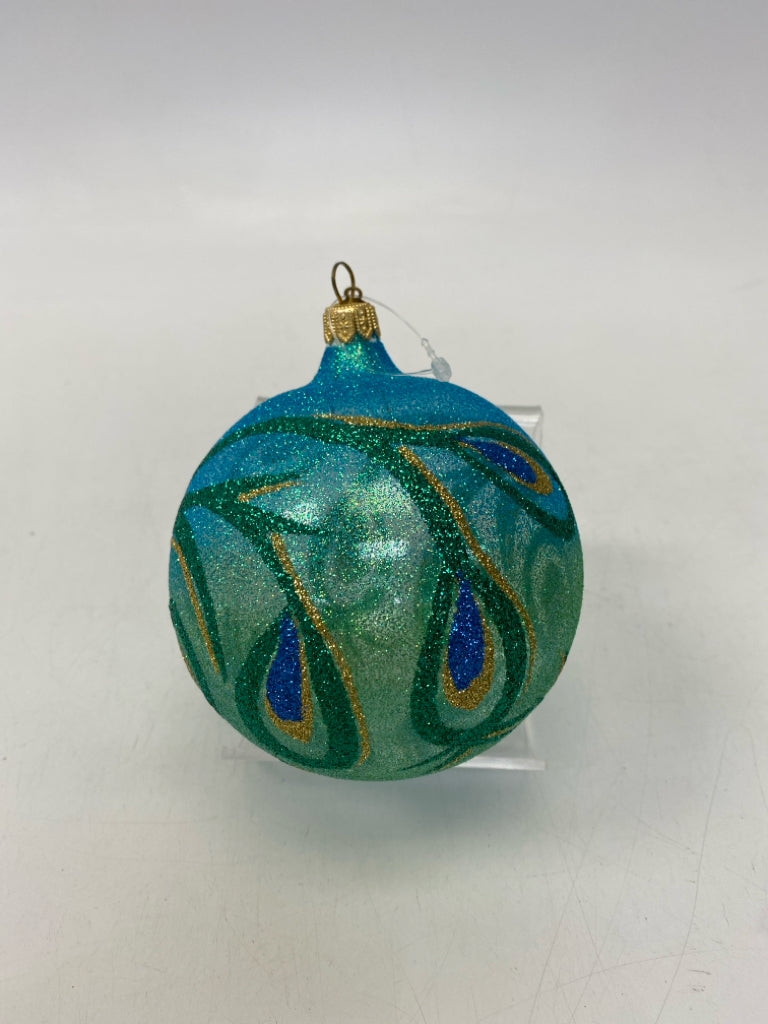 Pier 1 Green Blue/Gold Glitter Ornaments