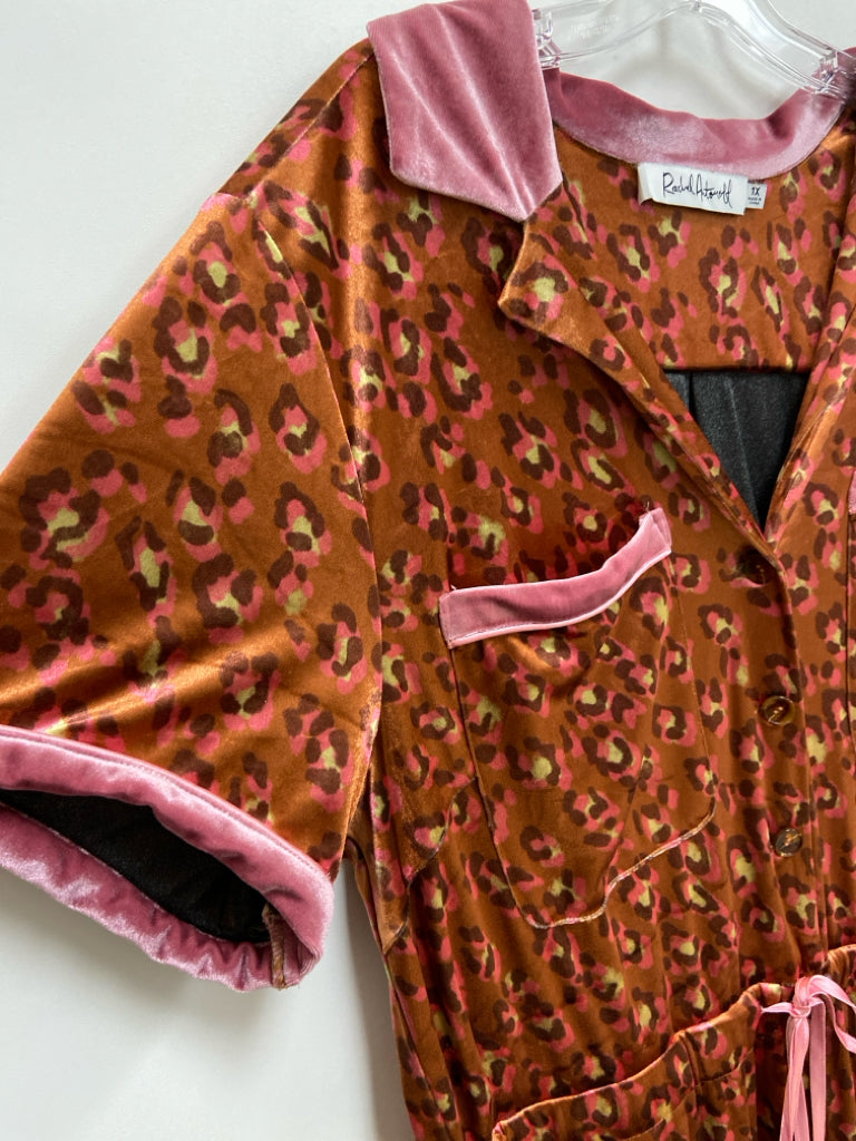 Size 1X Brown Pink Animal Print Velour Plus Size Jumpsuit