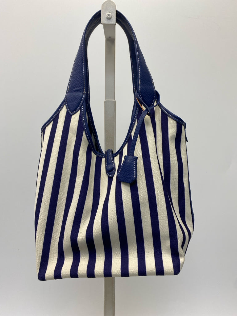Cream Dark Blue Stripe(s) Fabric Handbag