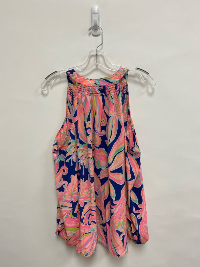 LILLY PULITZER Size L Aqua/Navy Coral/Multi Floral Cold Shoulder Silk Ladies Top