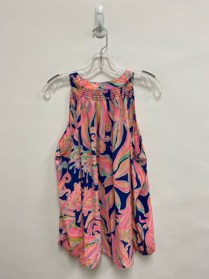 LILLY PULITZER Size L Aqua/Navy Coral/Multi Floral Cold Shoulder Silk Ladies Top