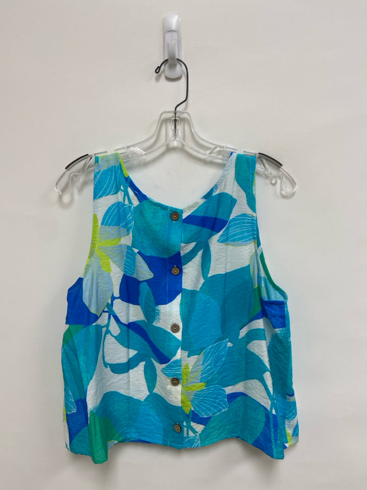 HabitaT Size M Aqua White/Green Flowers Sleeveless Ladies Top