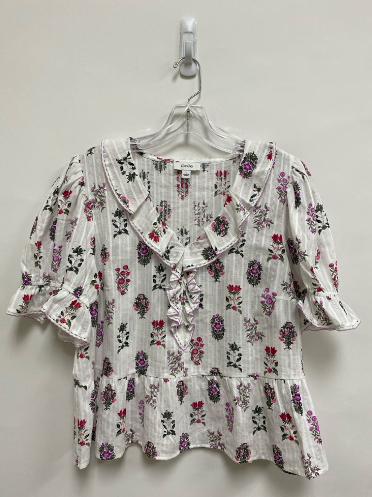 CeCe Size L White Pink/Lavender Ruffles Ladies Top