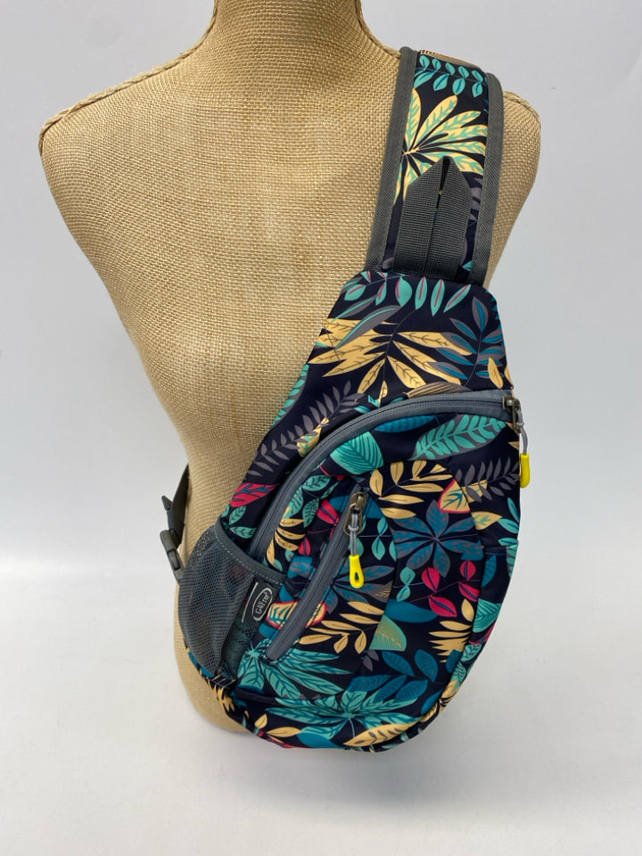 Navy Multi-Color Leaves Nylon Handbag