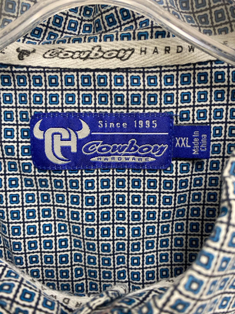 Size XXL White Blue/Black Diamond Print Button Up Men&