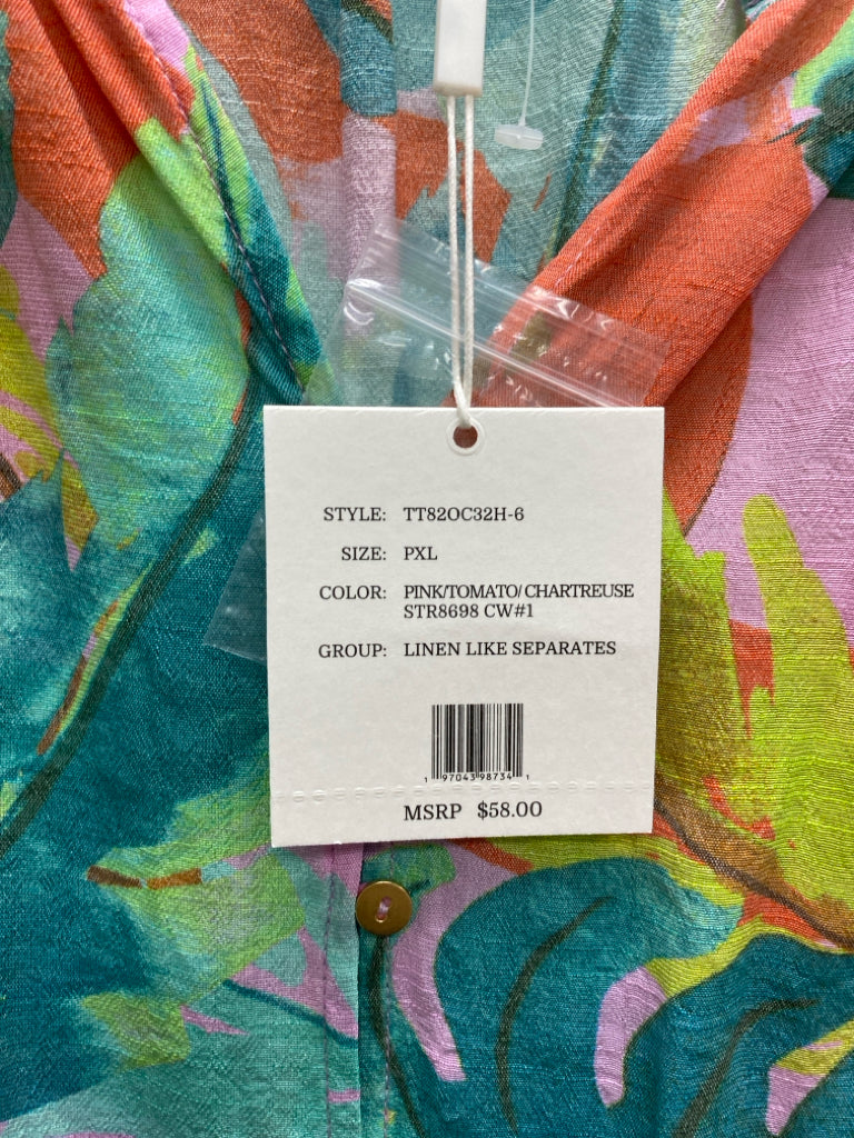 NWT Sharagano Size XLP Blue Coral/Pink Leaves Petite Top