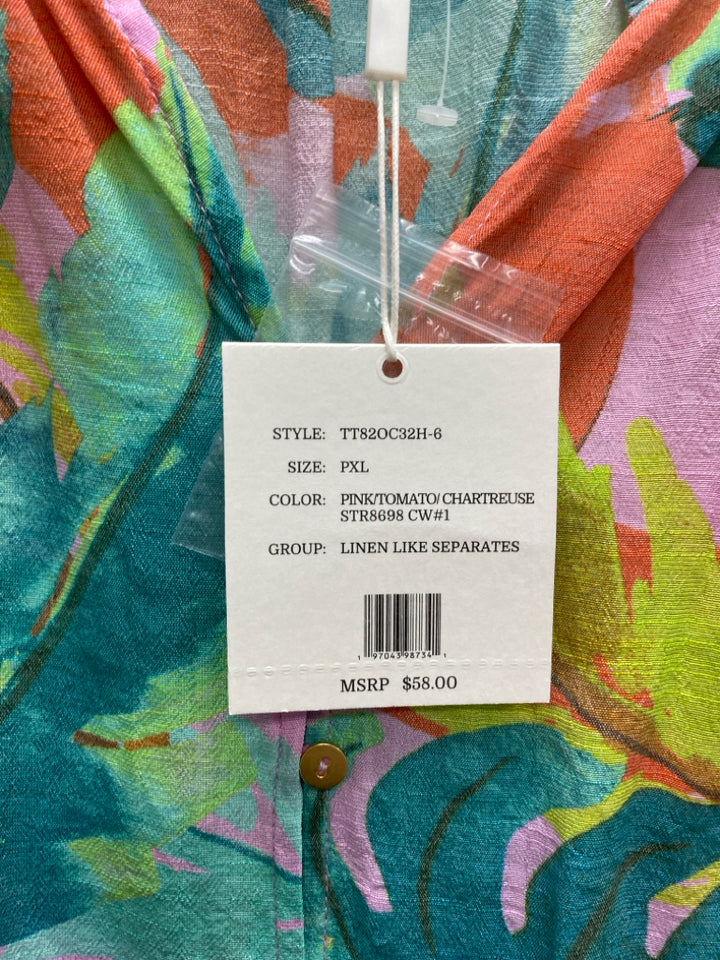 NWT Sharagano Size XLP Blue Coral/Pink Leaves Petite Top