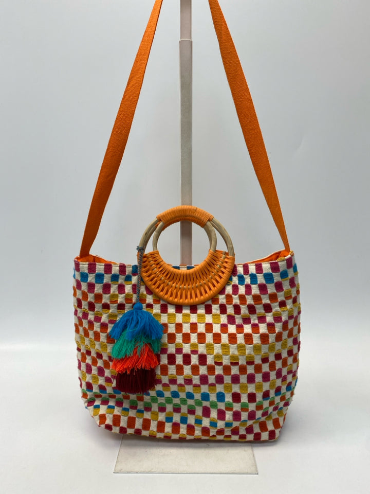 Orange Multi-Color Checkered Fabric Handbag