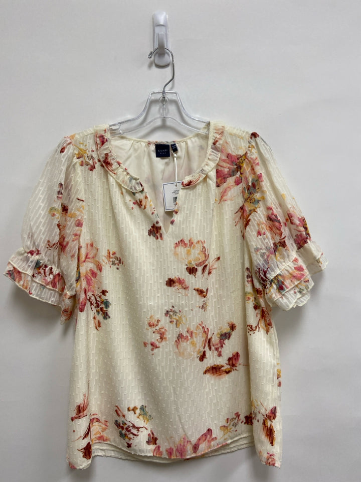 NWT Kaari Blue Size L Cream/Pink Seafoam/Yellow Flowers V Neck Ladies Top