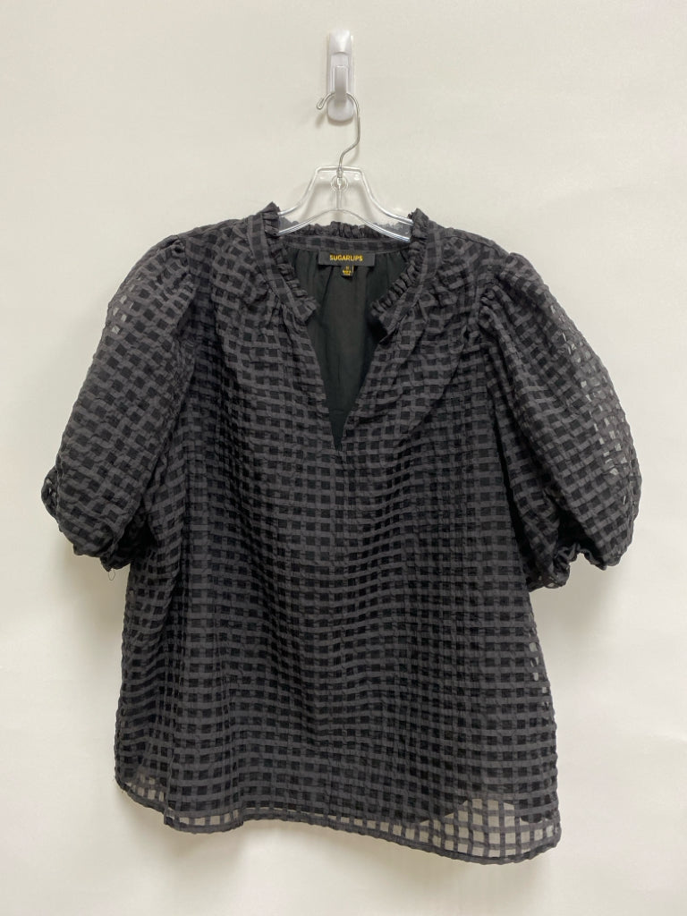 Sugar+ Lips  SIZE  1X Charcoal Black Windowpane Puff Sleeve Plus Size Top