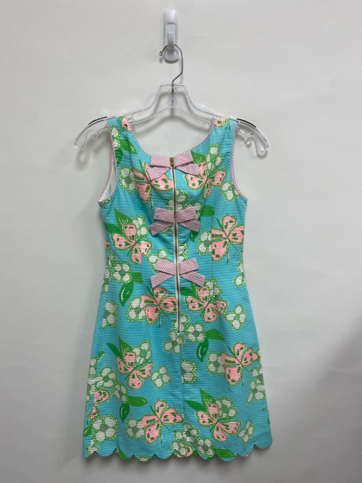 LILLY PULITZER Size 00 Pink/White Green/Blue Butterflies Sleeveless Ladies Dress