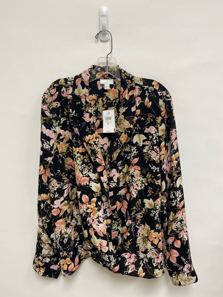 NWT J Jill Size XL Black/White Pink/Tan Leaves Long Sleeve Ladies Top
