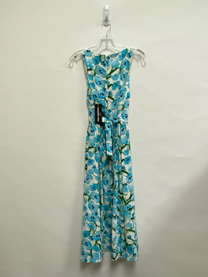 Karl Lagerfeld Size 4 White Aqua/Green Flowers Sleeveless Ladies Dress