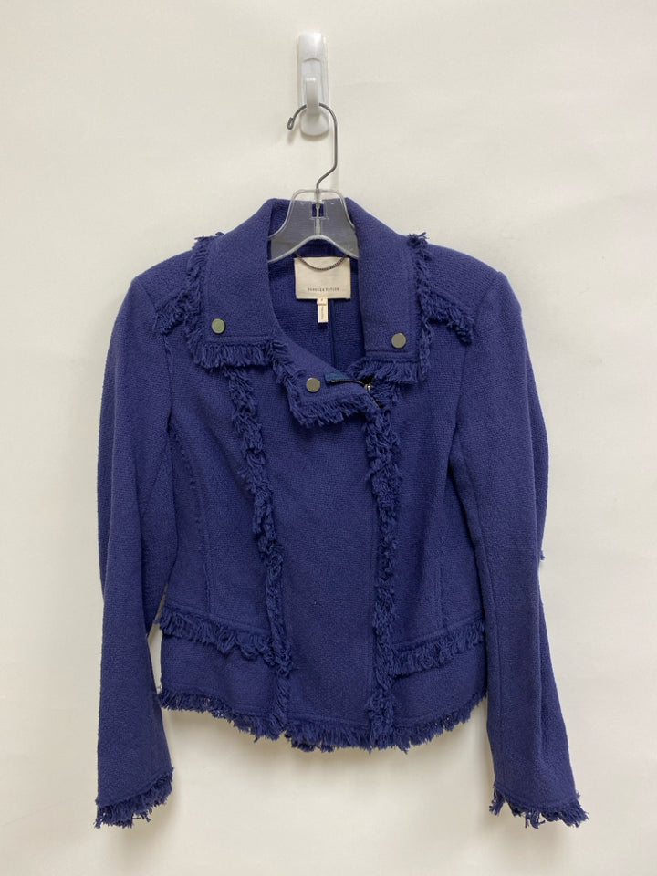 Rebecca Taylor Size 4 Navy Fringe Zip Down Ladies Jacket