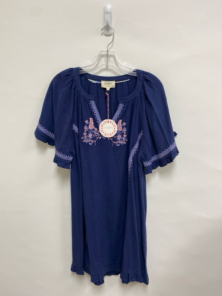 NWT Umgee Size M Navy Blue/Pink Embroidered Linen Blend Ladies Dress