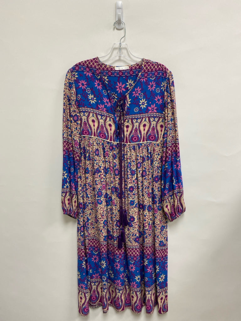 R. Vivimos Size S Cream/Purple Blue/Pink Floral Long Sleeve Ladies Dress