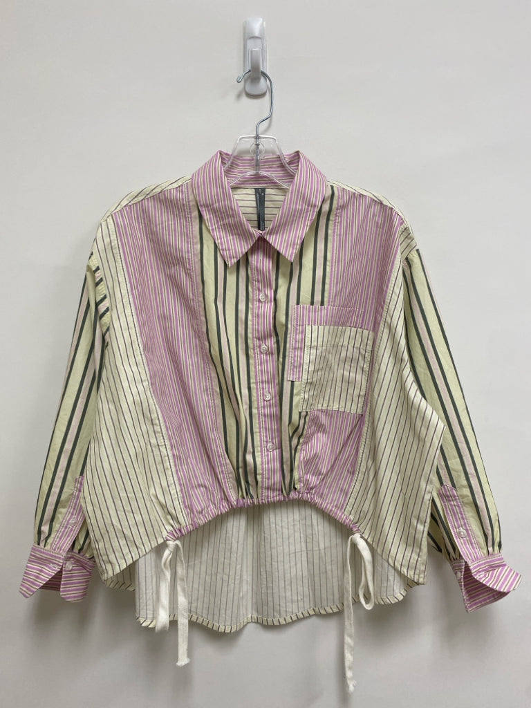 Anthropologie Size XSP Pink/Yellow Olive/Brown Stripes Button Up Petite Top