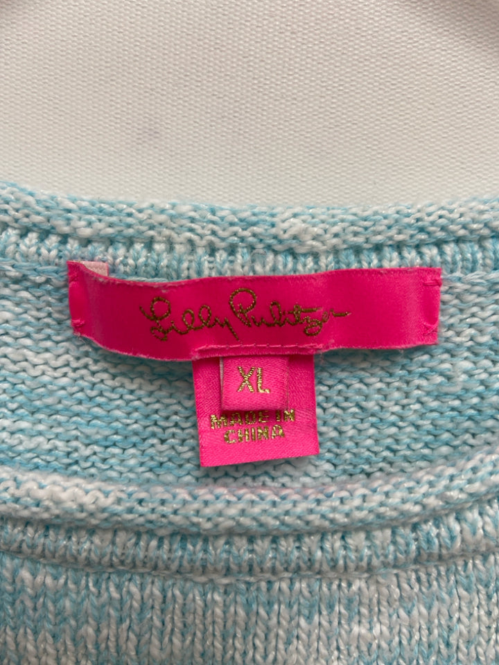 LILLY PULITZER Size XL Aqua/White Navy/Pink Embroidered Ladies Sweater