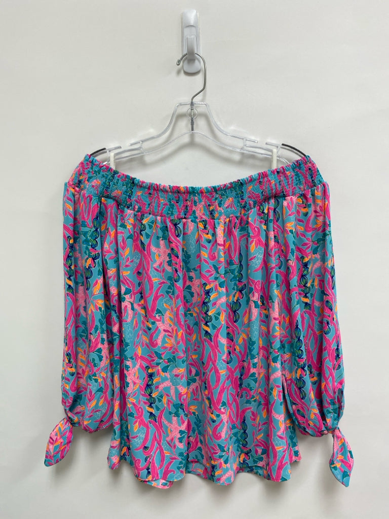 LILLY PULITZER Size M Aqua/Pink Orange/Navy Smocking Puff Sleeve Ladies Top