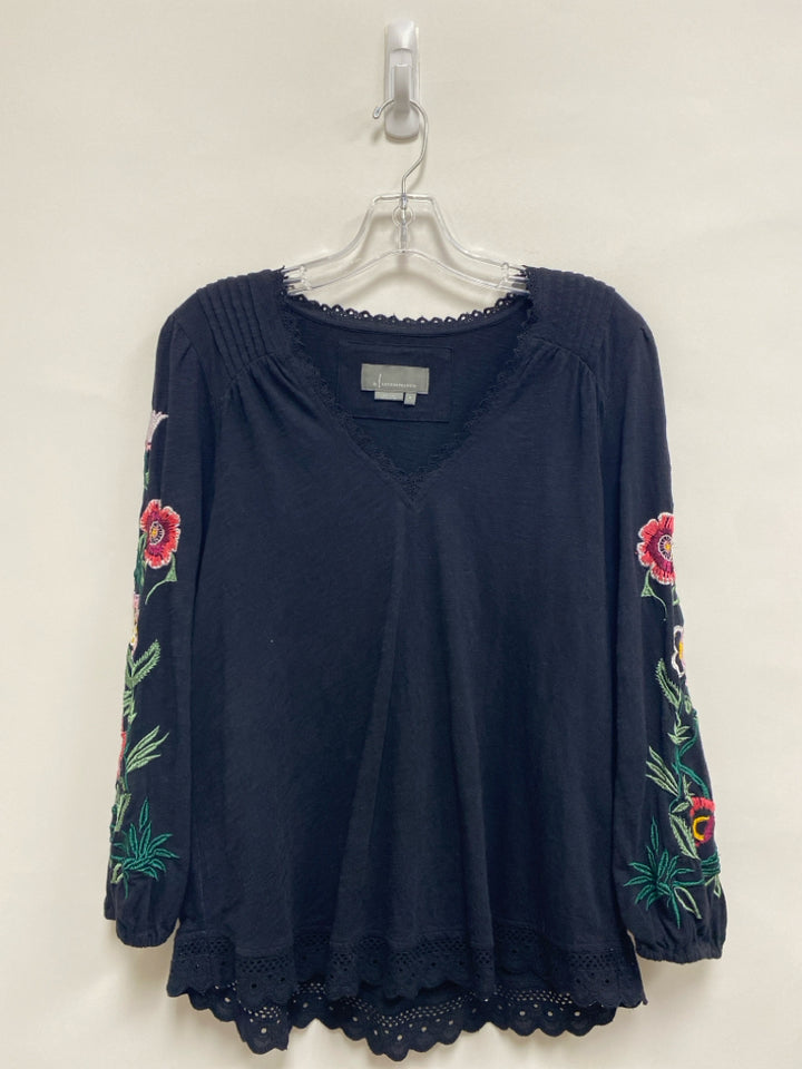 Anthropologie Size S Black Pink/Green Embroidered V Neck Ladies Top