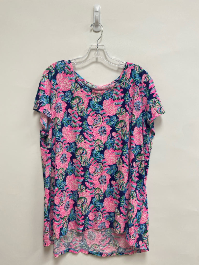 LILLY PULITZER Size XXL Navy Neon Pnk Cotton Ladies Top