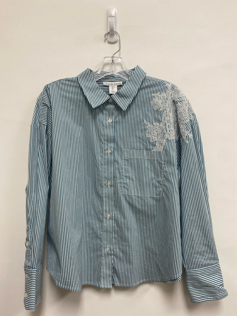 Size S Teal Blue White Striped Lace Ladies Top