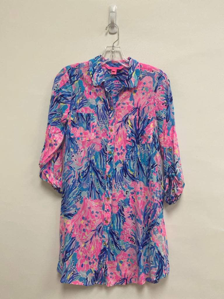 LILLY PULITZER Size XS Pink/Blue Navy/Aqua Abstract Button Up Ladies Dress
