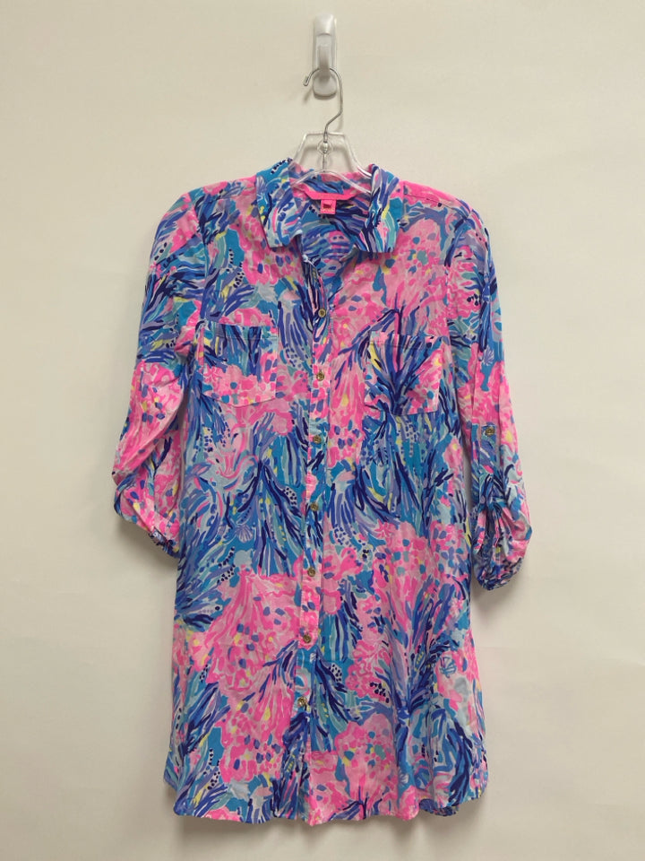 LILLY PULITZER Size XS Pink/Blue Navy/Aqua Abstract Button Up Ladies Dress