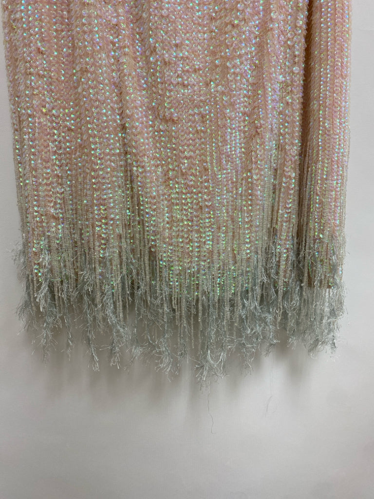 NWT Size 10 Pale Pink Iridescent Sequins Puff Sleeve Fringe Ladies Dress
