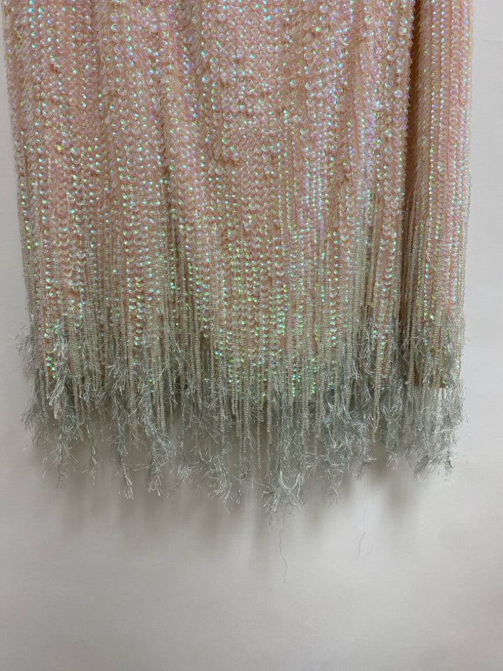 NWT Size 10 Pale Pink Iridescent Sequins Puff Sleeve Fringe Ladies Dress