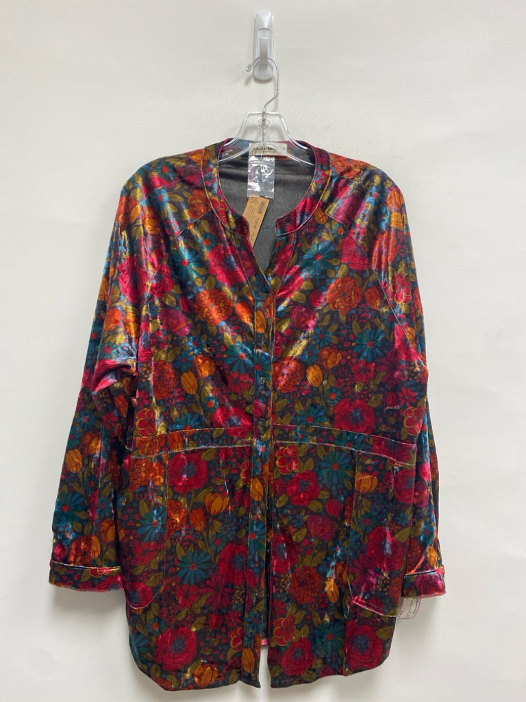 NWT Natural Life Size S Pink Blue/Orange Flowers Velour Ladies Top