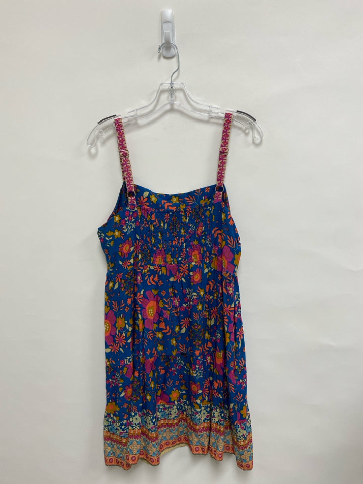 Natural Life Size L Teal Blue Purple/Multi Flowers Sleeveless Ladies Dress