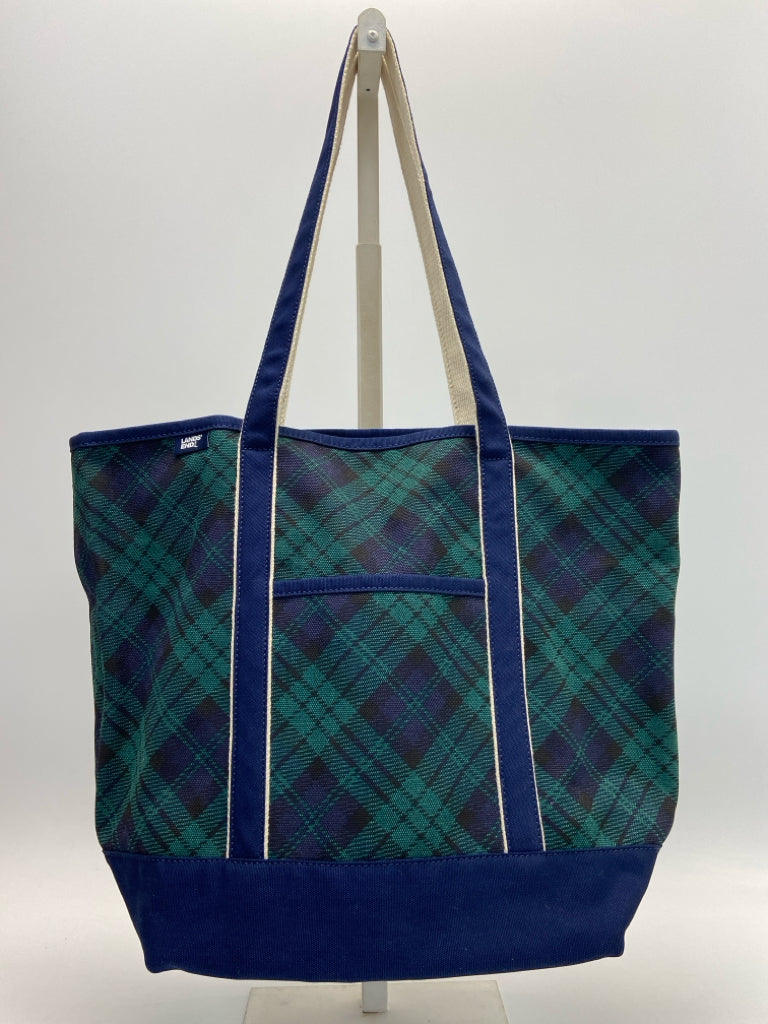 Lands End Green Navy Plaid Canvas Tote Bag