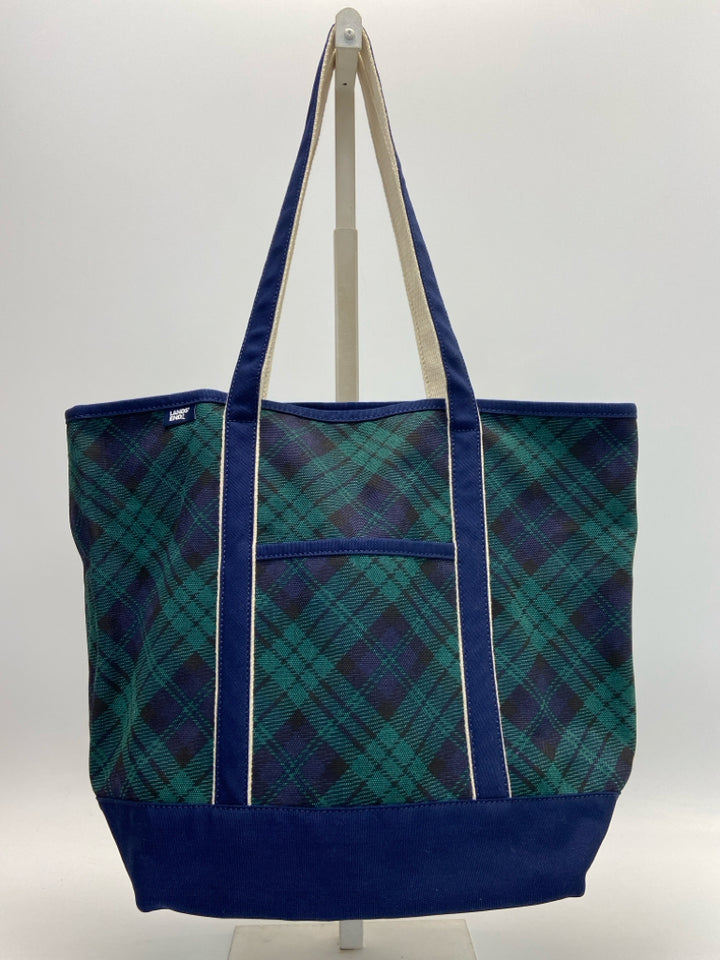 Lands End Green Navy Plaid Canvas Tote Bag