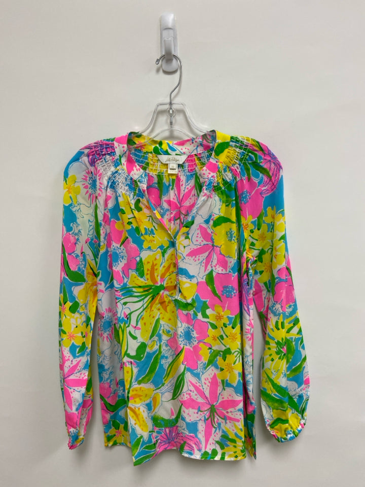 LILLY PULITZER Size XS Yellow Pink/Green Flowers Ladies Top