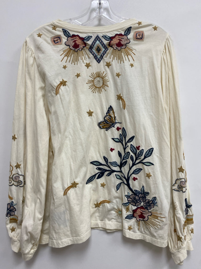 JOHNNY WAS Size L Cream Multi Color Embroidered Ladies Top