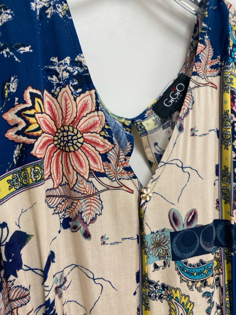 GiGiO Size L Navy Pink/Yellow Flowers Ladies Dress