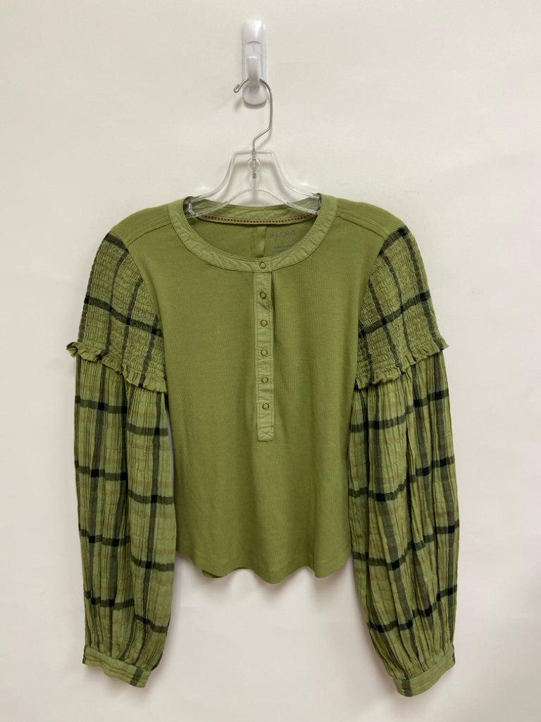 Pilcro Size S Dark Olive Plaid Puff Sleeve Ladies Top