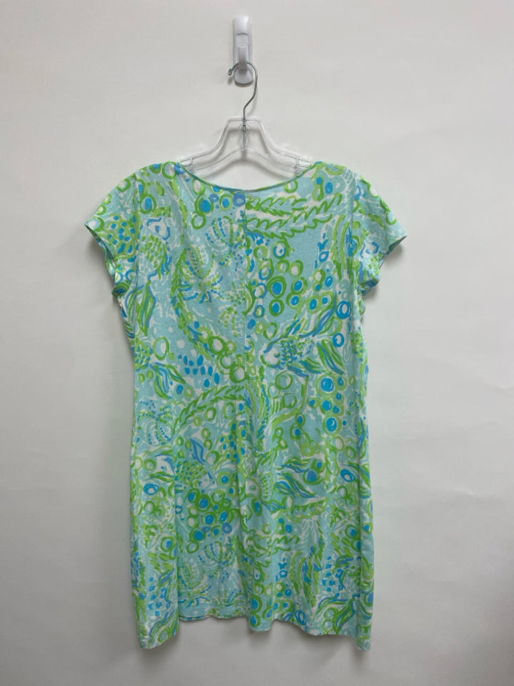 LILLY PULITZER Size L Blue/White Green Pom Poms V Neck Ladies Dress